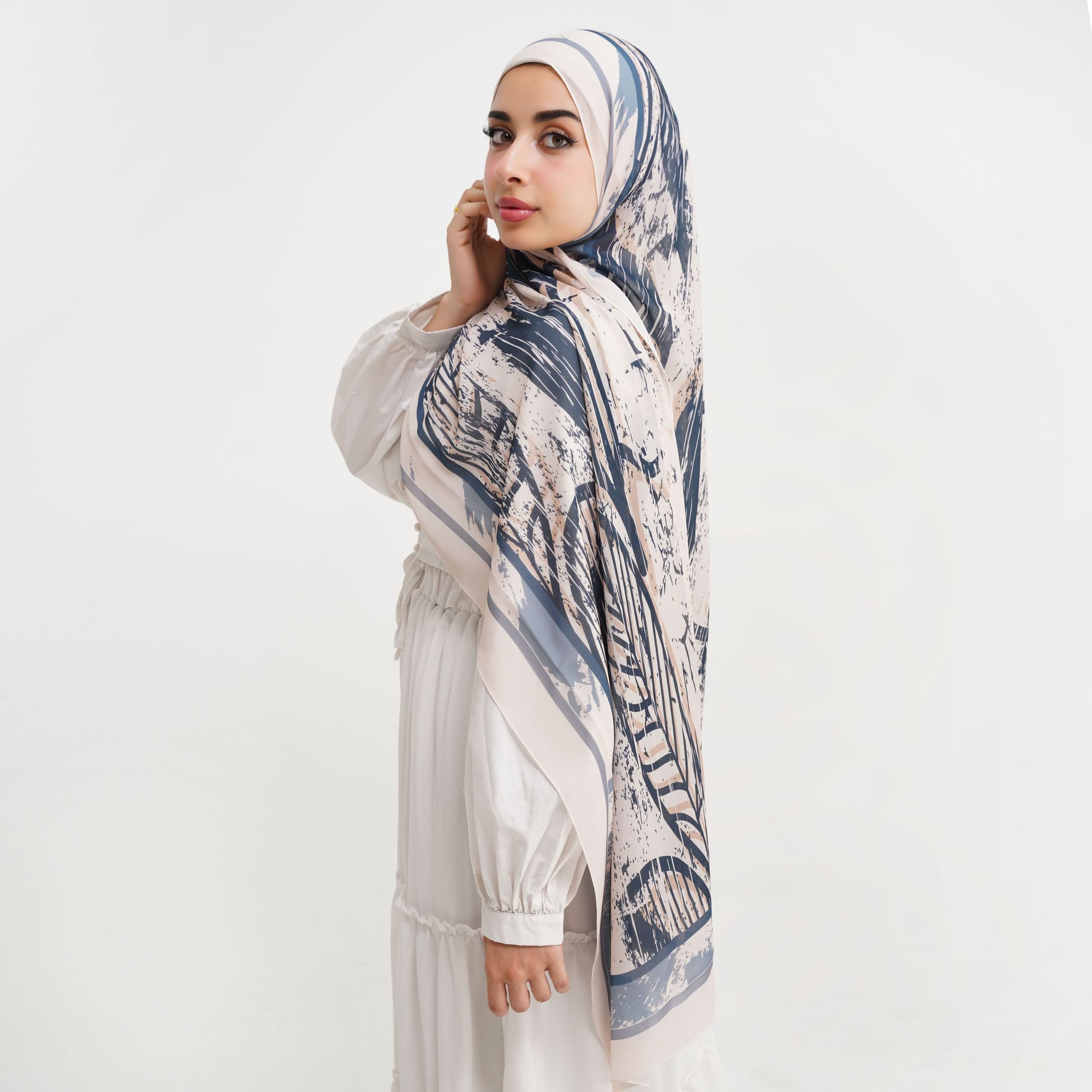 Azure Brushstroke Printed Chiffon Scarf