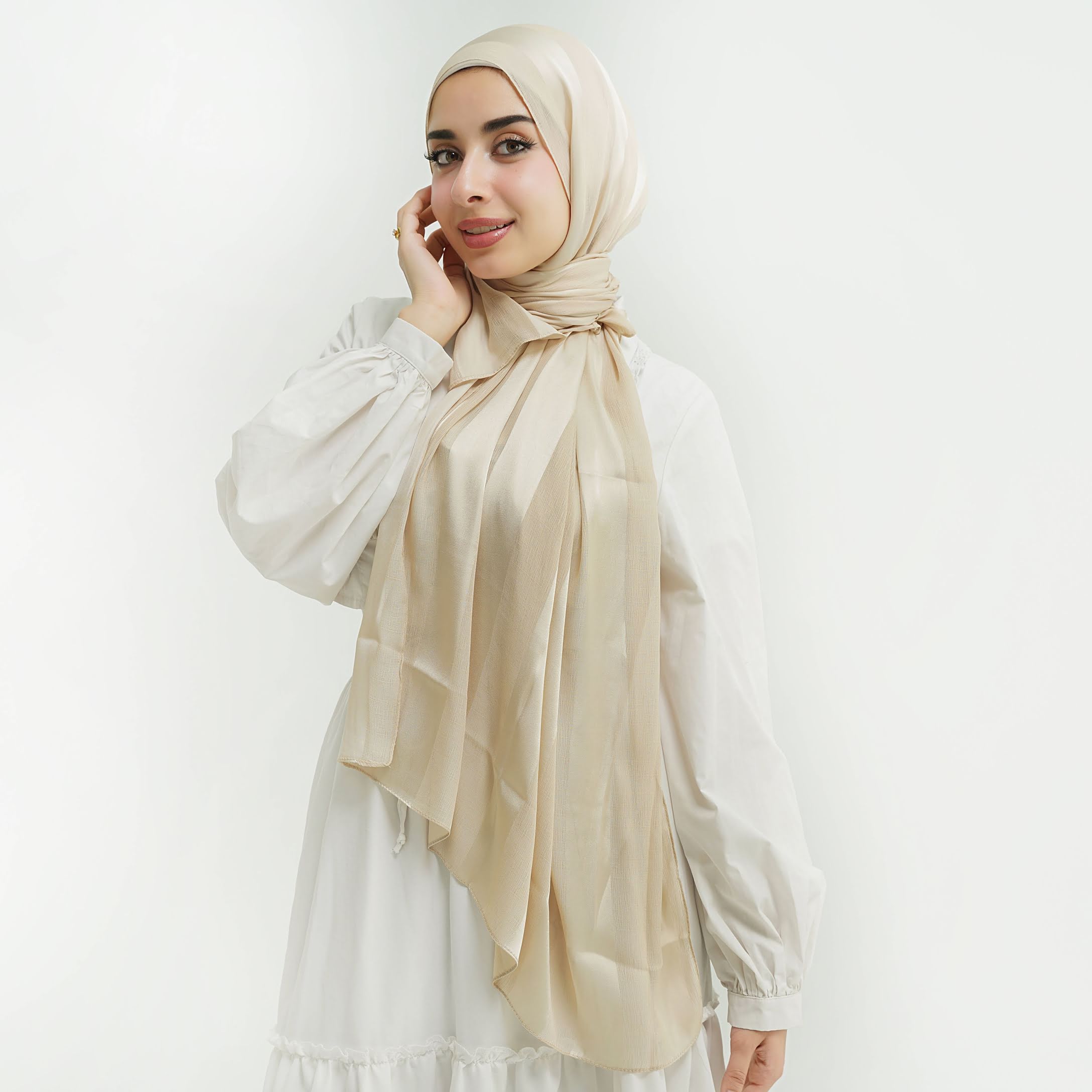 Light Beige Crinkle Chiffon X Satin Scarf