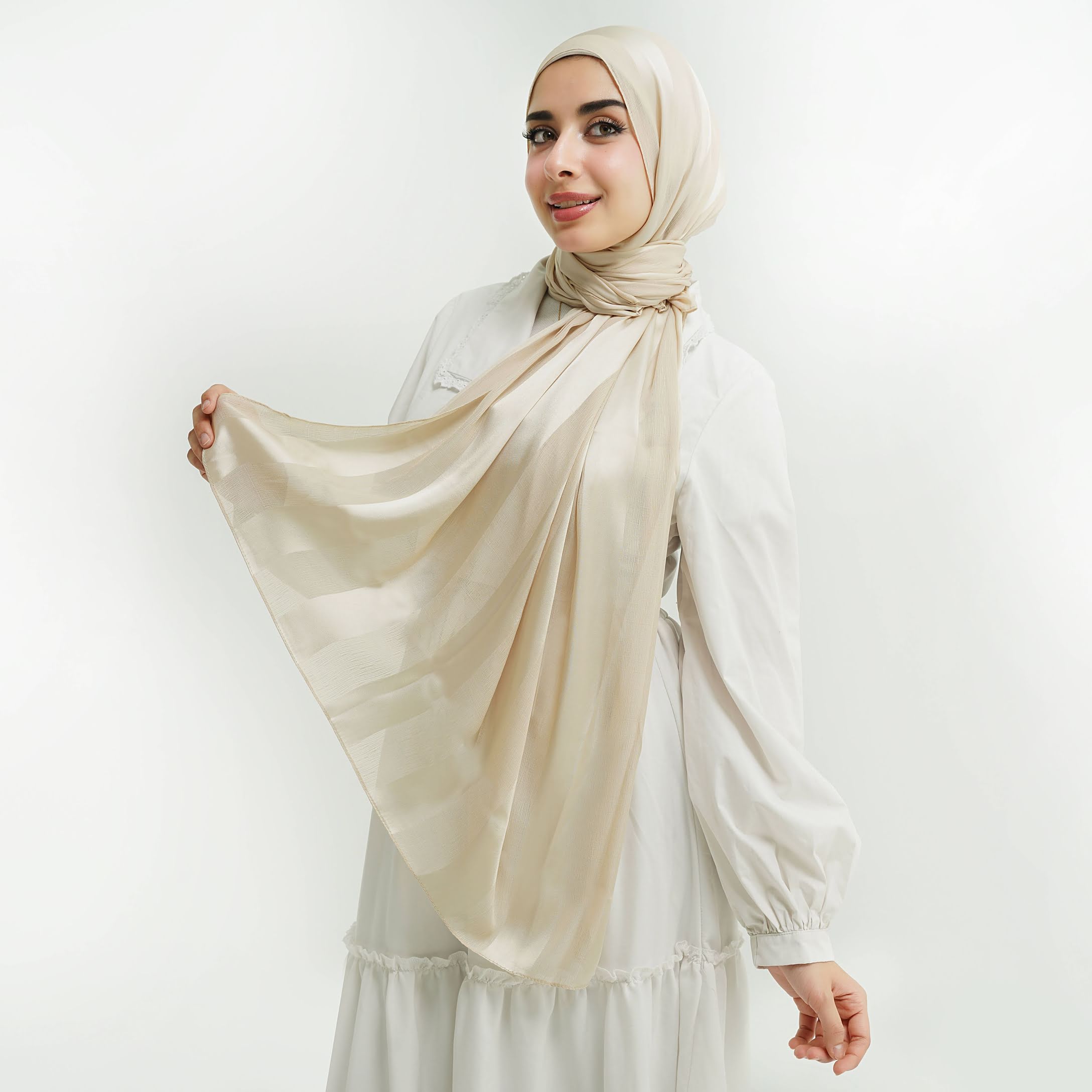 Light Beige Crinkle Chiffon X Satin Scarf