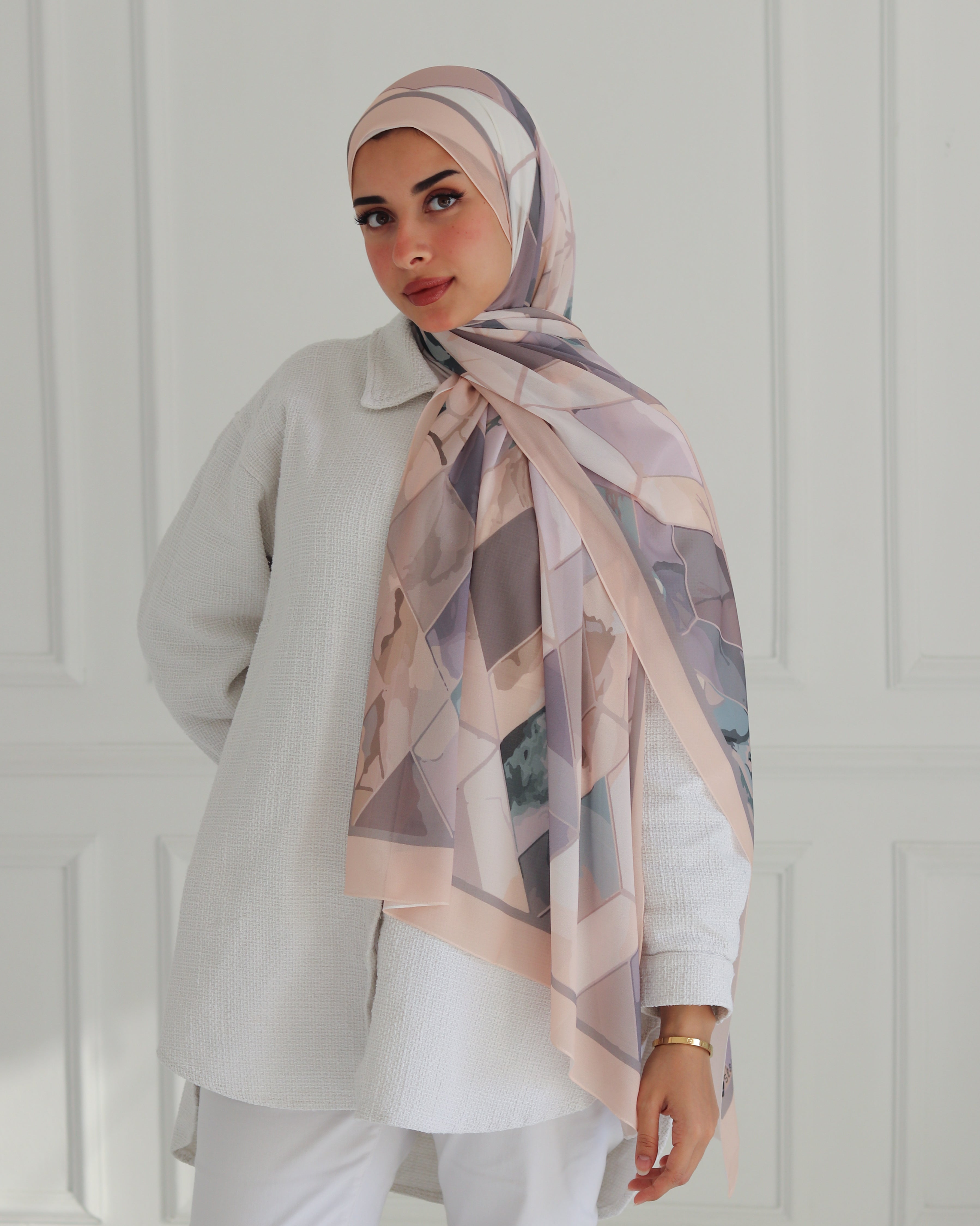 Pastel Geometric Printed Chiffon Scarf