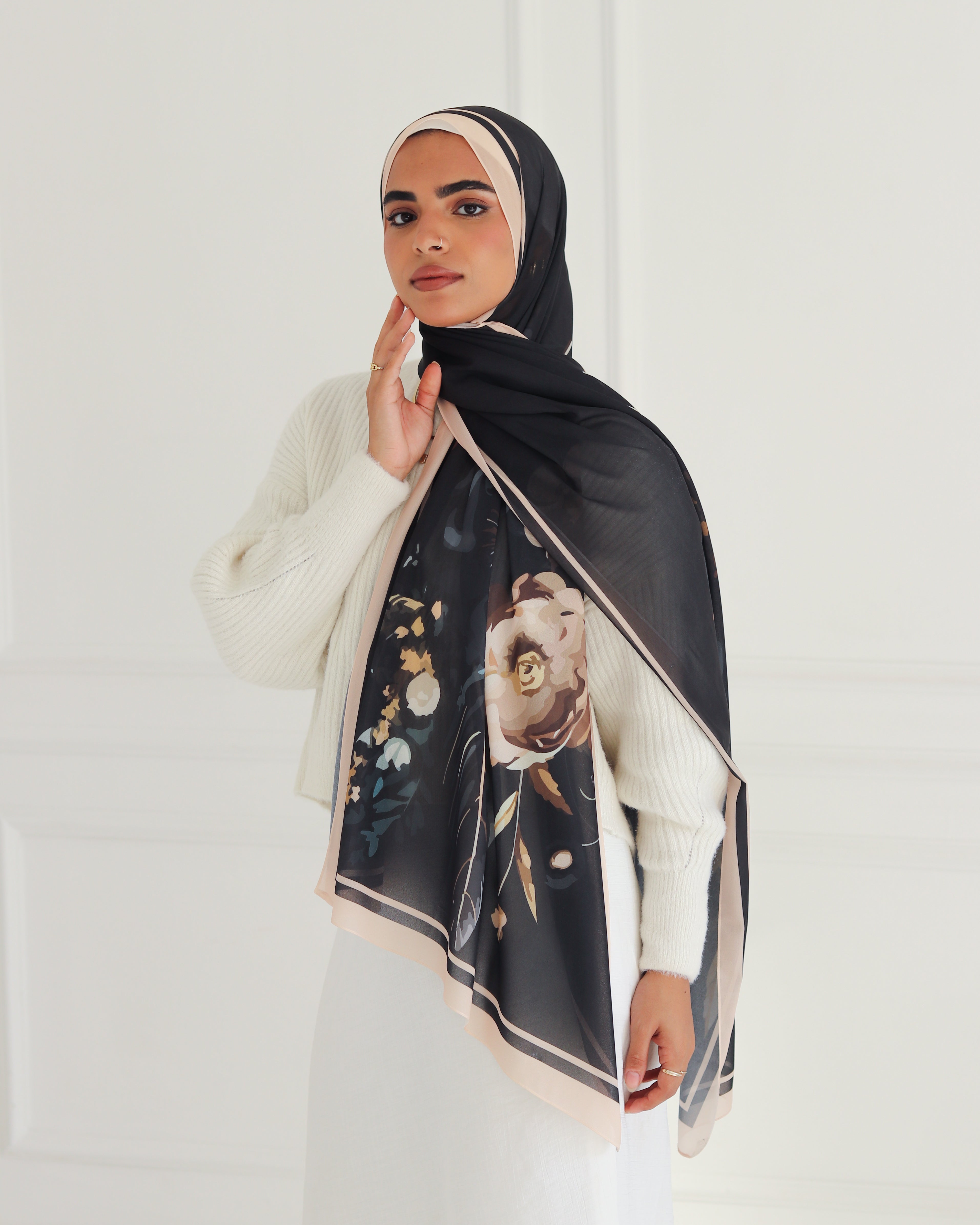 Midnight Blossoms Printed Chiffon Scarf