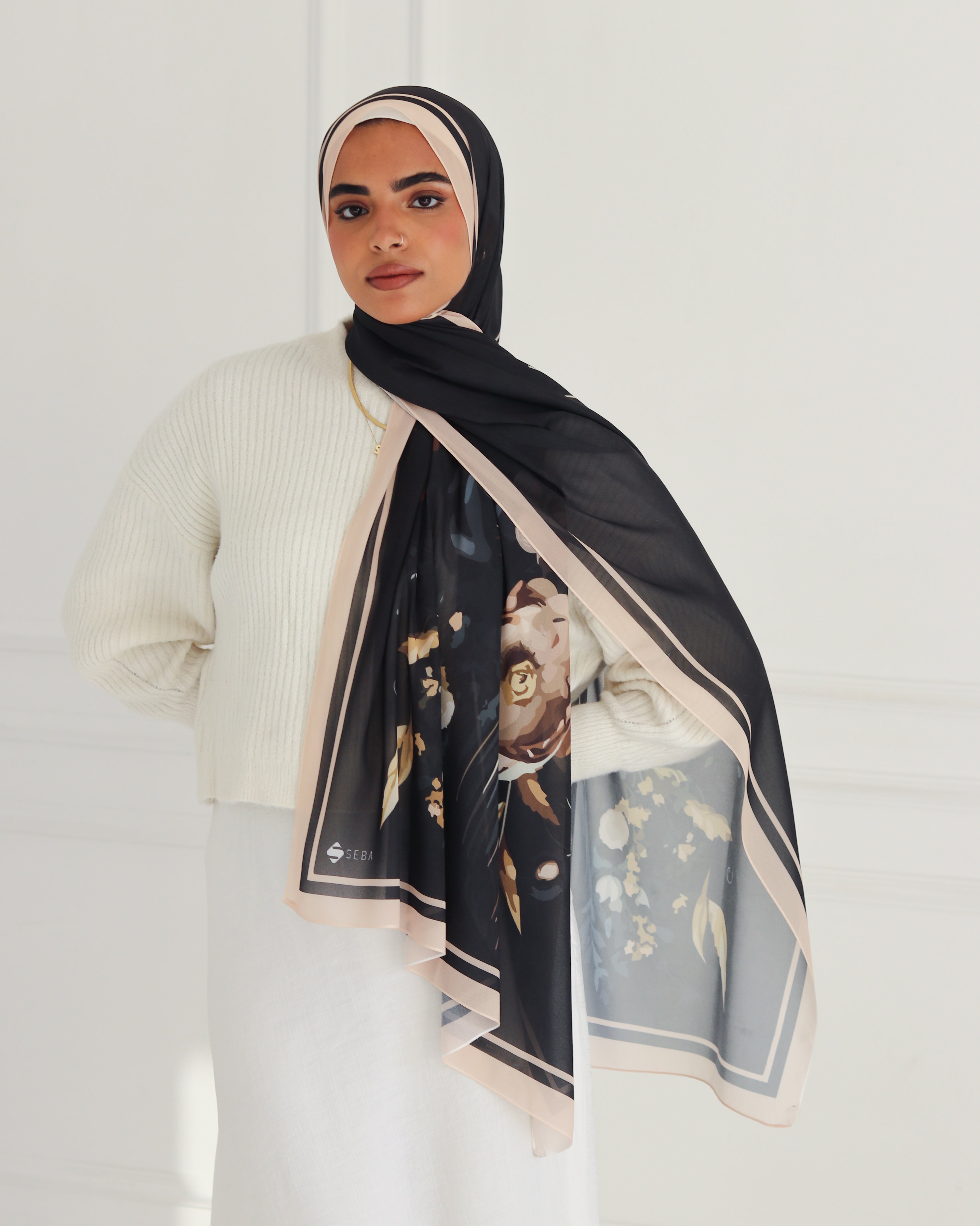 Midnight Blossoms Printed Chiffon Scarf