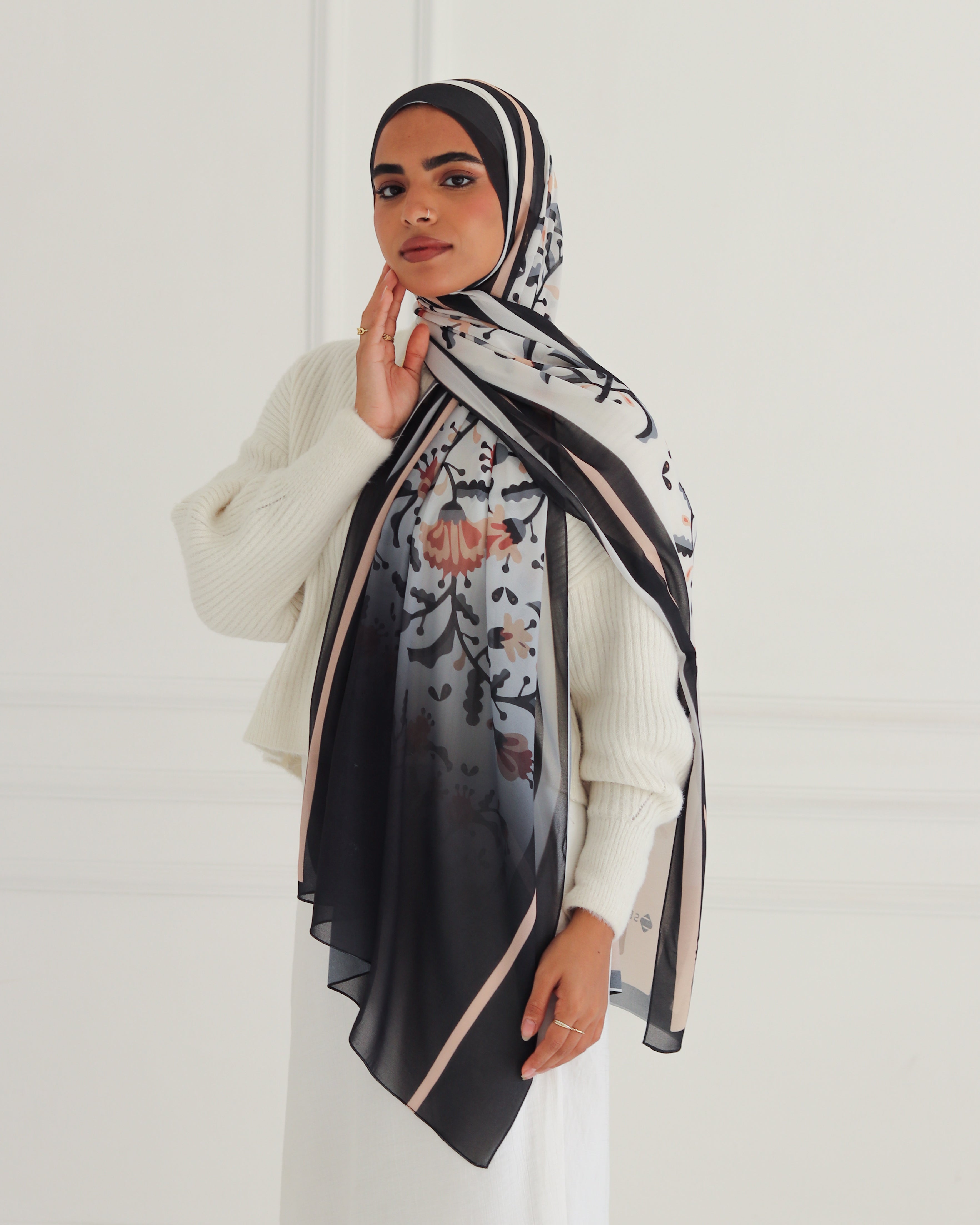 Floral Stripe Printed Chiffon Scarf