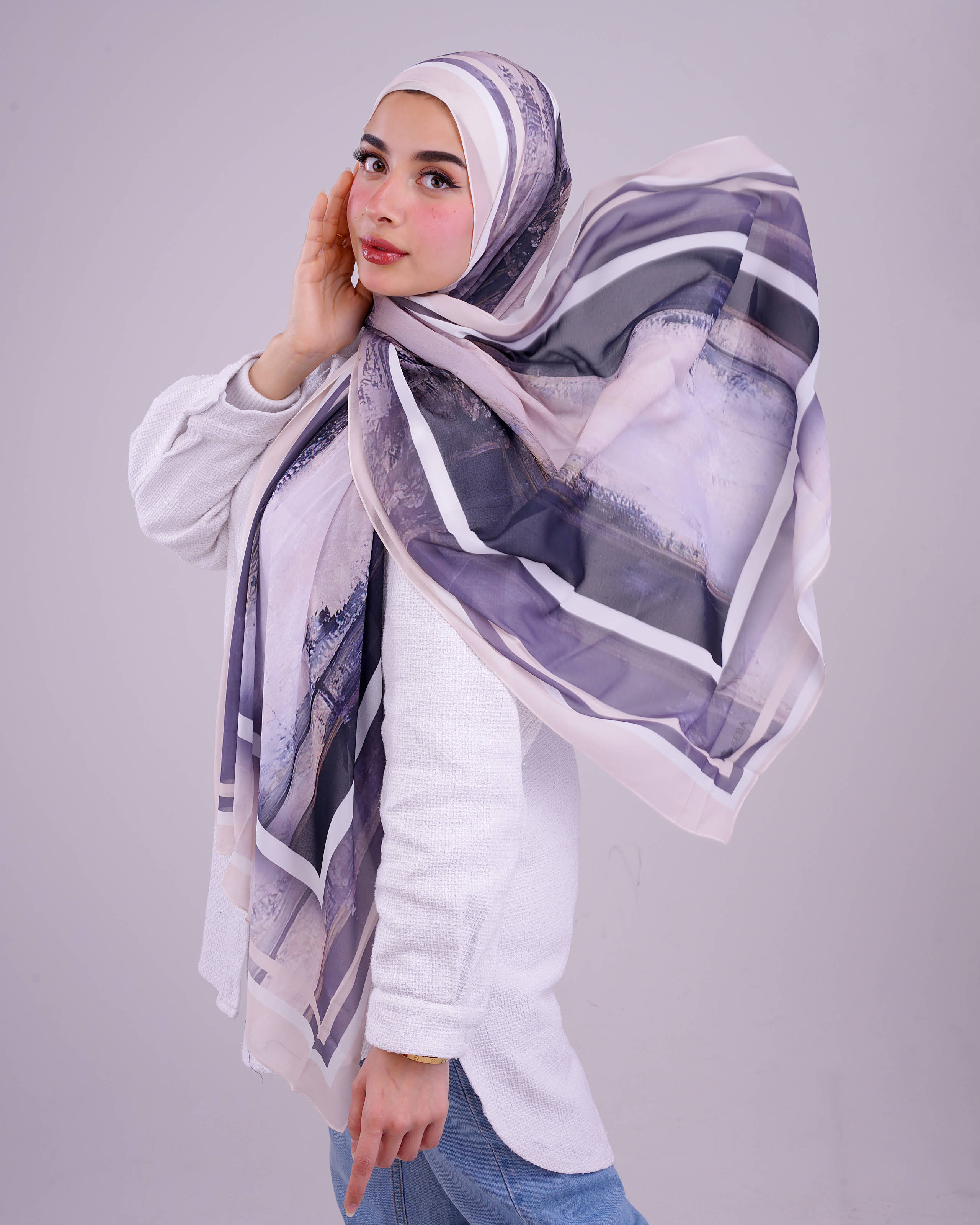 Cool Tones Abstract Printed Chiffon Scarf