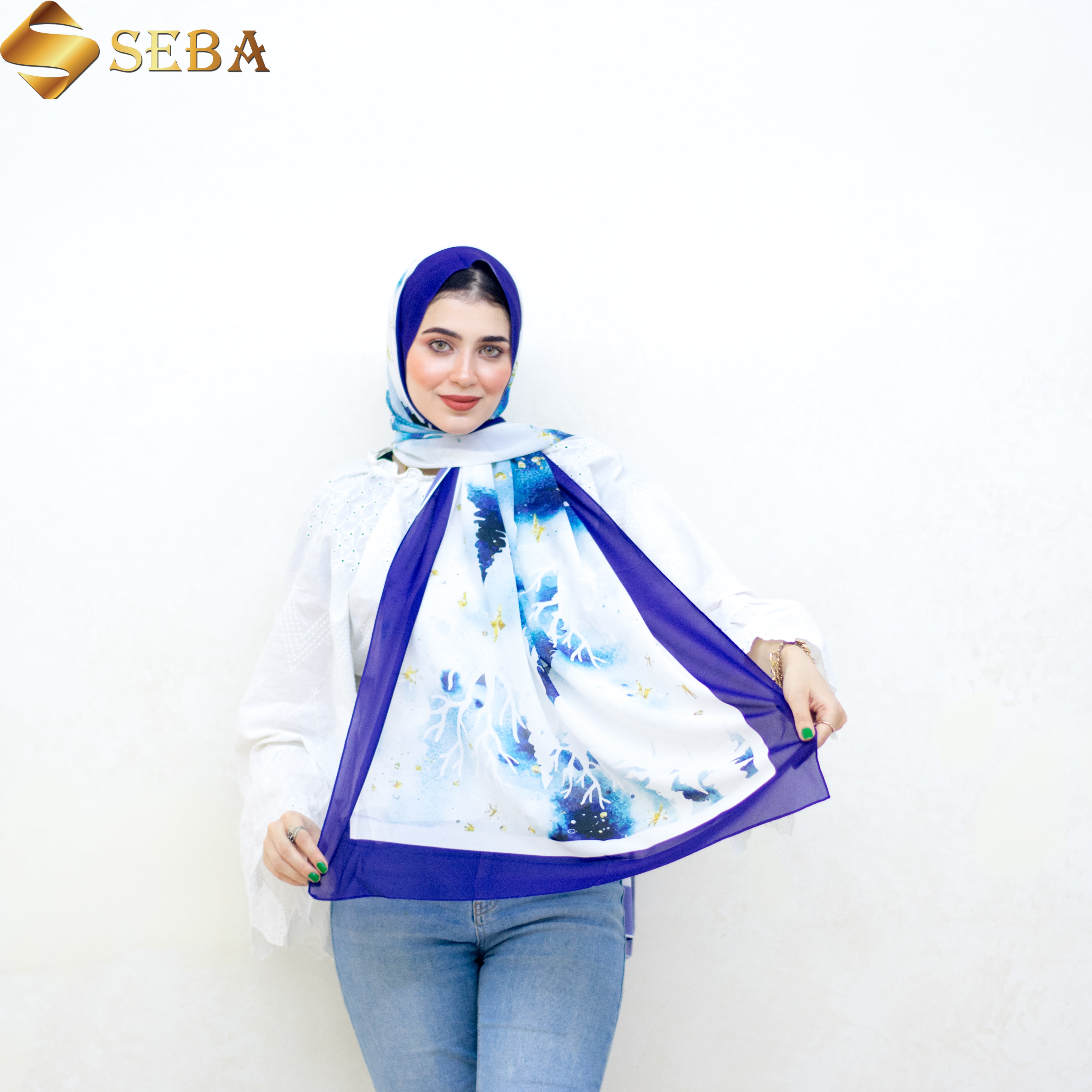 Azure Elegance Printed Chiffon Scarf